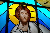  Vitraux Anastasis, detalle de el rostro de Cristo.- Basilica Menor de Nuestra Senora de La Paz - Lomas de Zamora - Buenos Aires.-